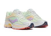 Saucony ProGrid Omni 9 Prism Pack Lime, sneaker running rétro vert lime et Orchid en mesh avec renforts techniques et semelle Grid vue de 3/4 face. 