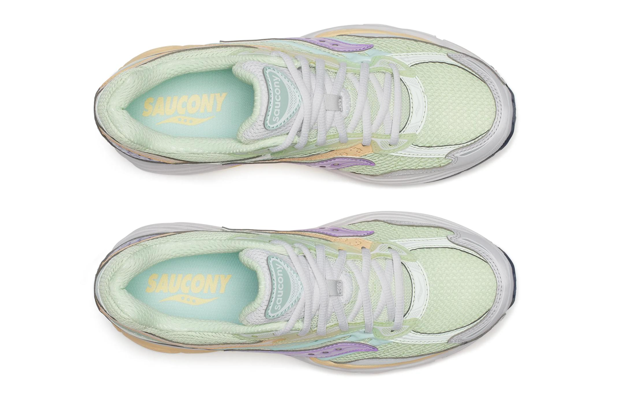 Saucony ProGrid Omni 9 Prism Pack Lime, sneaker running rétro vert lime et Orchid en mesh avec renforts techniques et semelle Grid vue du dessus. 
