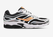 Saucony ProGrid Omni 9 Speed Shades White Black Orange, sneaker Saucony blanche, noire et orange au design technique rétro-running et à la construction multicouche vue de profil. 