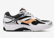 Saucony ProGrid Omni 9 Speed Shades White Black Orange, sneaker Saucony blanche, noire et orange au design technique rétro-running et à la construction multicouche vue de profil intérieur. 
