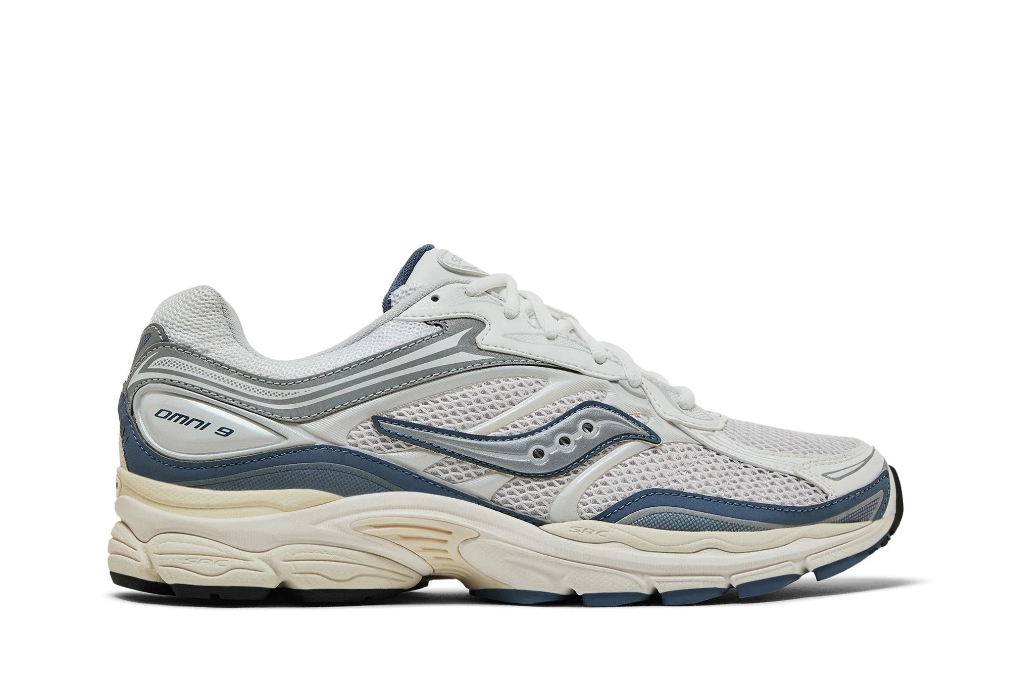 Saucony ProGrid Omni 9 Tomorrow, Meet Yesterday Pack Blue, sneaker Saucony bleue au design rétro-running Y2K avec mesh, empiècements techniques et amorti ProGrid.