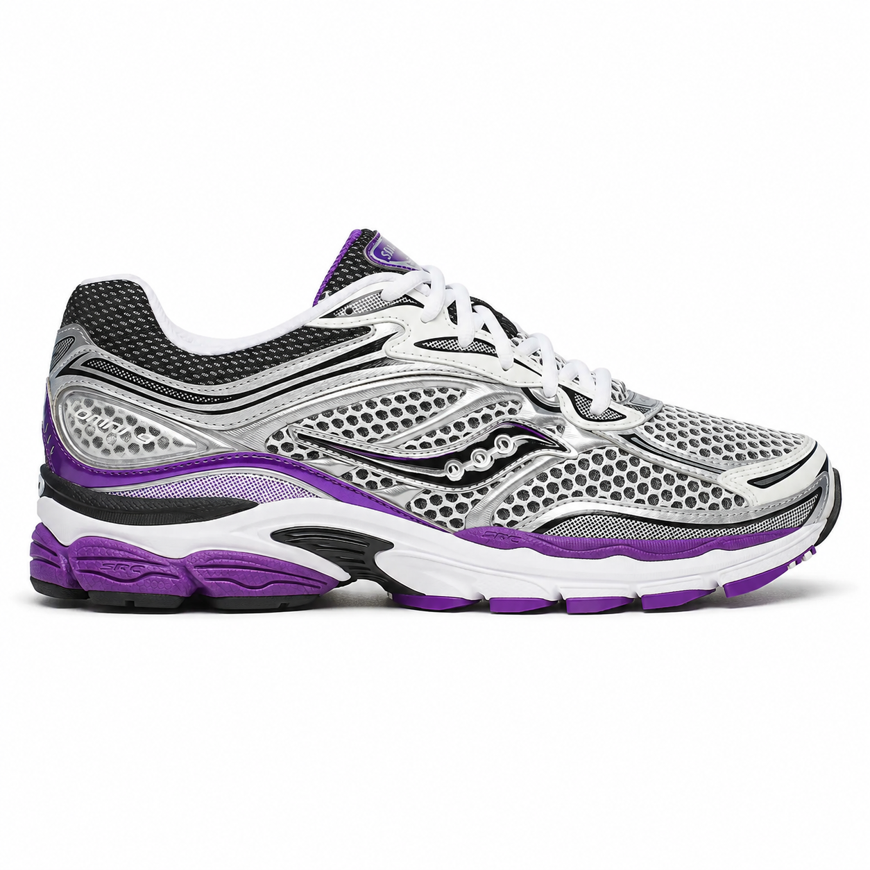 Saucony ProGrid Omni 9 White Black Silver Purple en mesh blanc avec détails argentés, noirs et violets, amorti ProGrid vue de profil. 