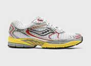 Saucony ProGrid Ride 1 White Buttercup avec tige en mesh respirant, empiècements synthétiques blancs et jaunes Buttercup, technologie ProGrid et semelle extérieure en caoutchouc.