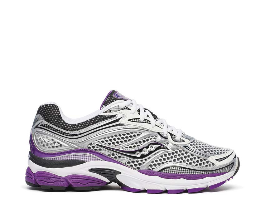 Saucony ProGrid Omni 9 White Black Silver Purple en mesh blanc avec détails argentés, noirs et violets, amorti ProGrid vue de profil. 