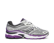 Saucony ProGrid Omni 9 White Black Silver Purple en mesh blanc avec détails argentés, noirs et violets, amorti ProGrid vue de profil. 