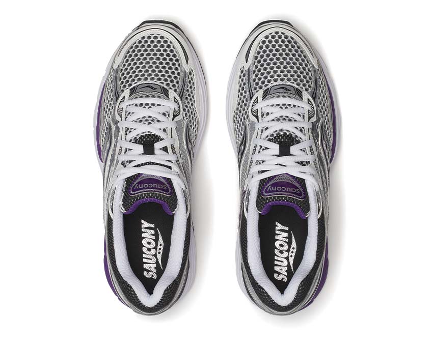 Saucony ProGrid Omni 9 White Black Silver Purple en mesh blanc avec détails argentés, noirs et violets, amorti ProGrid vue de dessus. 