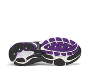 Saucony ProGrid Omni 9 White Black Silver Purple en mesh blanc avec détails argentés, noirs et violets, amorti ProGrid vue sur la semelle extérieure. 