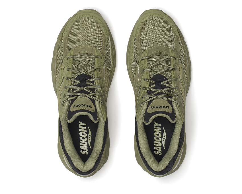 Saucony ProGrid Omni 9 Armor Green en mesh respirant avec renforts synthétiques et amorti ProGrid vue du dessus. 