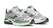 Saucony ProGrid Omni 9 Silver Green en mesh argenté avec détails verts et amorti ProGrid vue de 3/4 face. 