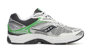 Saucony ProGrid Omni 9 Silver Green en mesh argenté avec détails verts et amorti ProGrid vue de profil intérieur. 