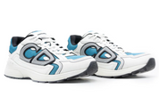Dior B30 Blue Mesh White Technical Fabric avec tige en mesh bleu respirant, empiècements en tissu technique blanc, silhouette running moderne et semelle en caoutchouc.