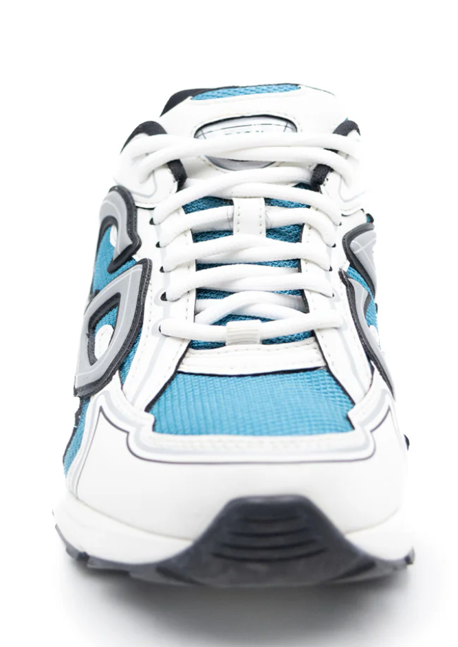Dior B30 Blue Mesh White Technical Fabric avec tige en mesh bleu respirant, empiècements en tissu technique blanc, silhouette running moderne et semelle en caoutchouc.