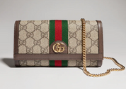 Gucci Ophidia Chain Long Wallet Beige en toile GG Supreme beige et marron foncé avec Double G doré et chaîne amovible.