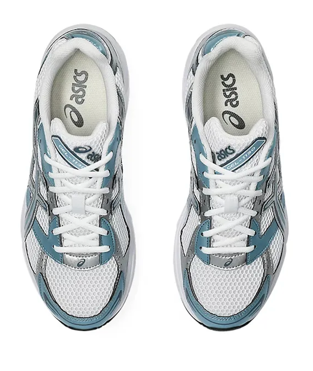 ASICS Gel-1130 White Shark Skin – sneakers lifestyle et sportives avec amorti durable GEL, bleu et blanche avec matière doré, vue de haut