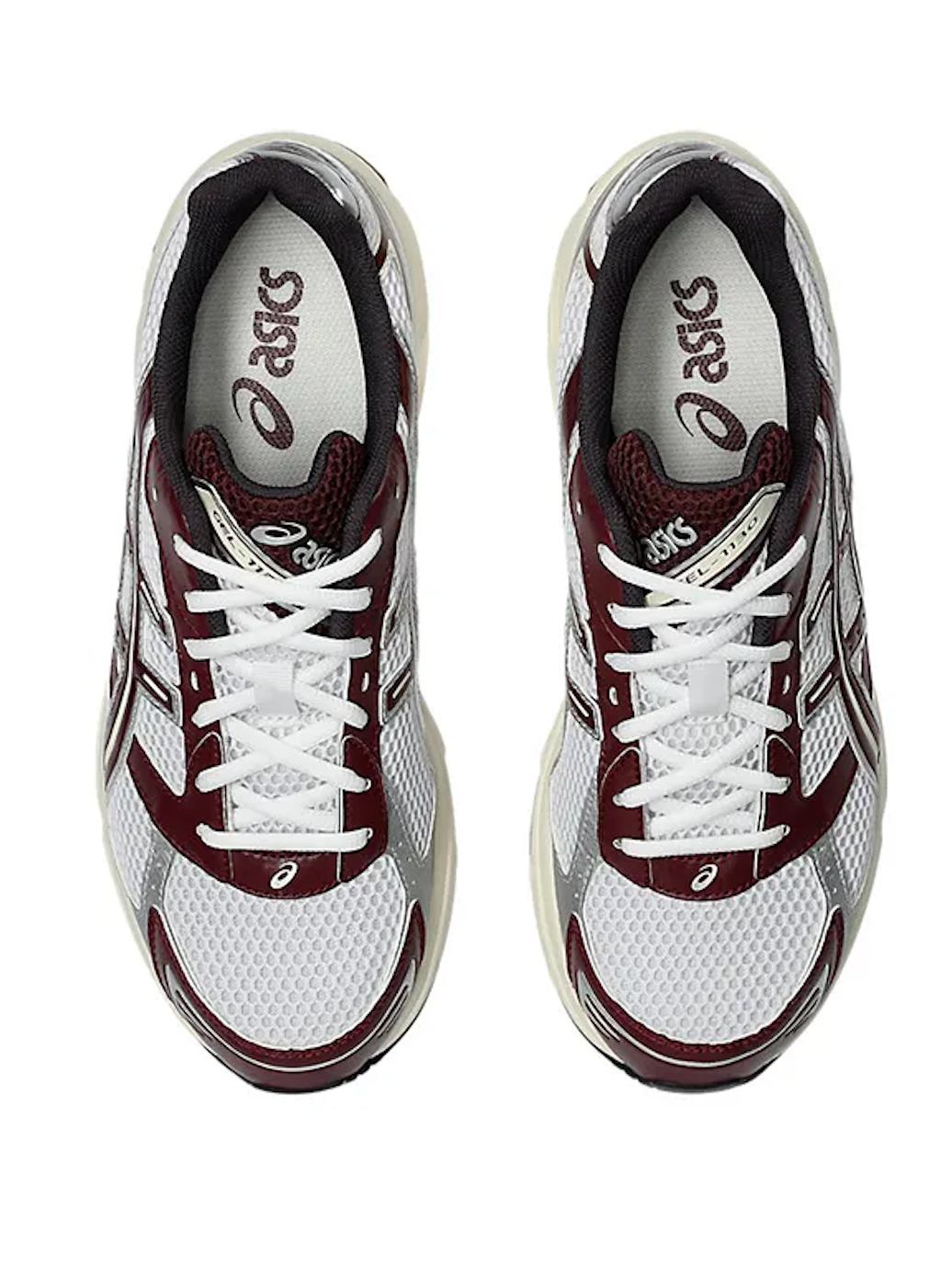 Chaussure running asics gel 1130 blanche et bordeaux, semelle légère et confortable, vue de haut