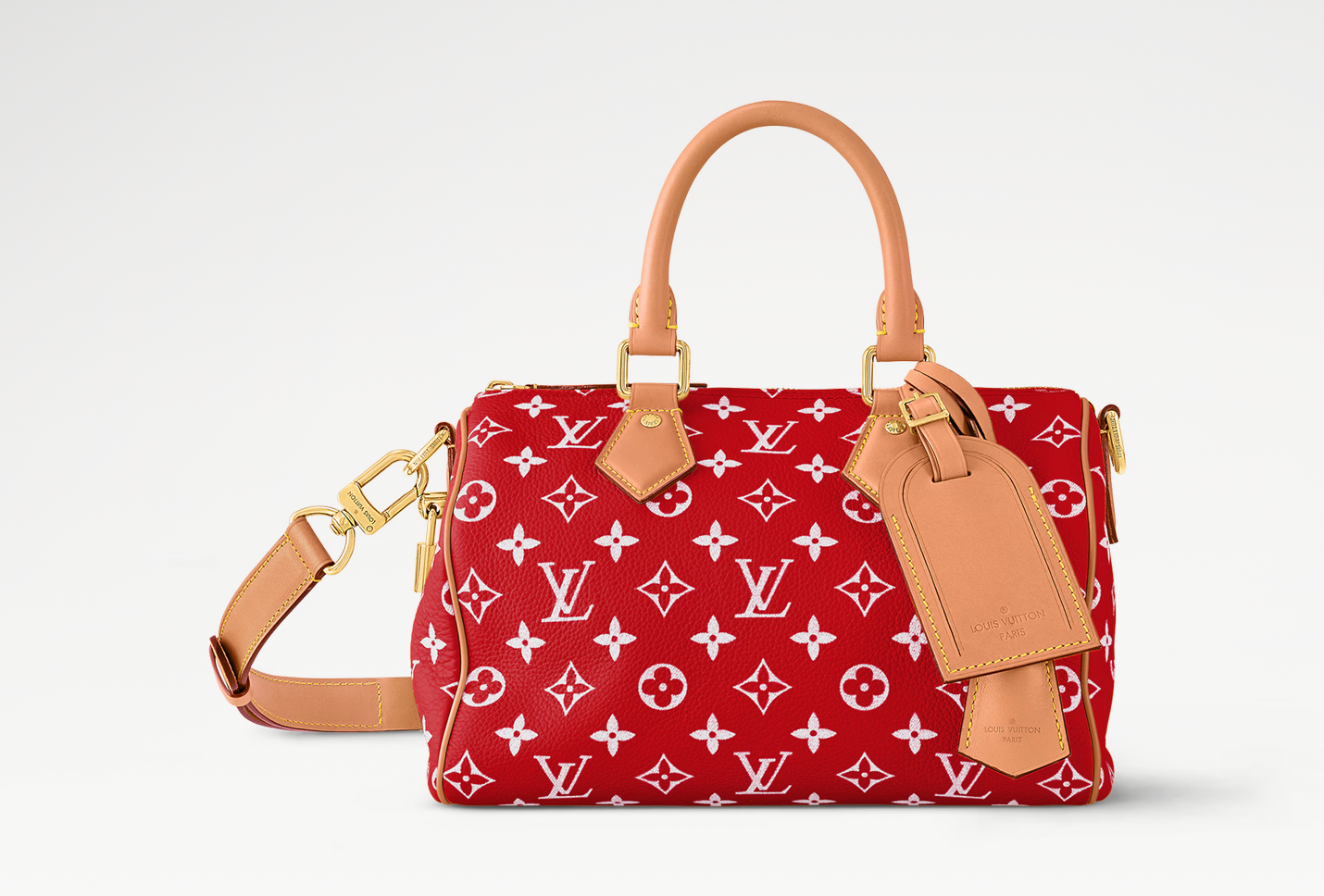 Louis Vuitton Speedy P9 Bandoulière 25 Monogram Leather Red, sac Louis Vuitton rouge en cuir Monogram embossé avec poignées Toron et bandoulière ajustable.
