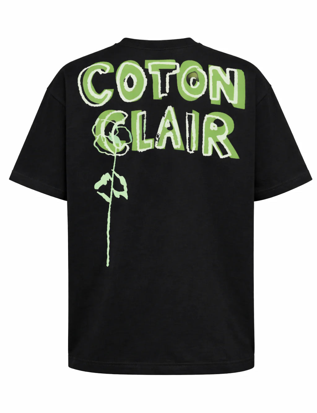 T-shirt oversize noir Coton Clair en coton épais 230g avec illustration florale et logo graphique dos avant et arrière
