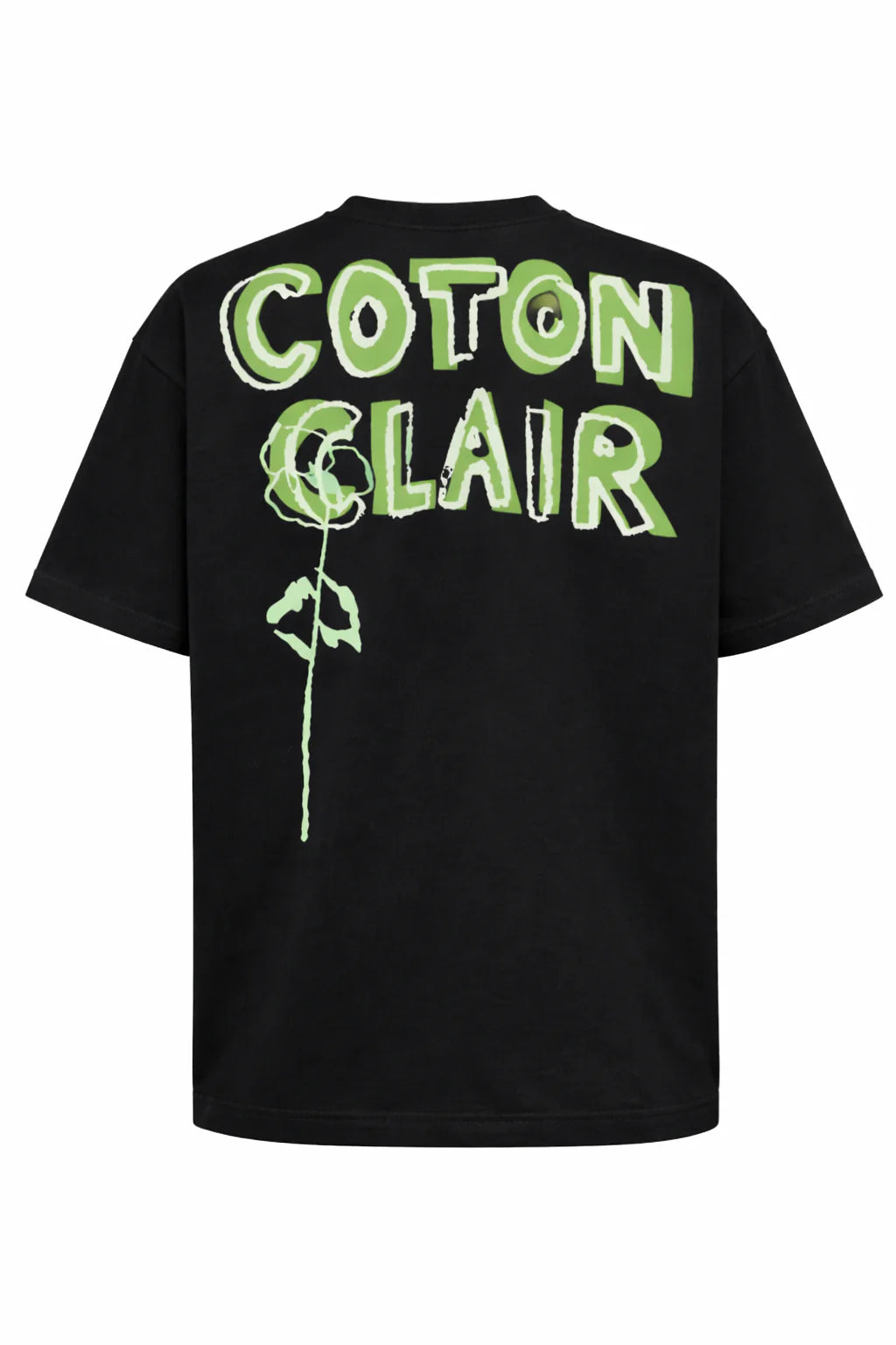 T-shirt oversize noir Coton Clair en coton épais 230g avec illustration florale et logo graphique dos avant et arrière