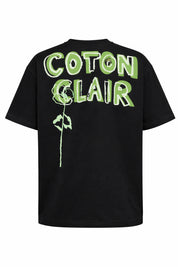 T-shirt oversize noir Coton Clair en coton épais 230g avec illustration florale et logo graphique dos avant et arrière
