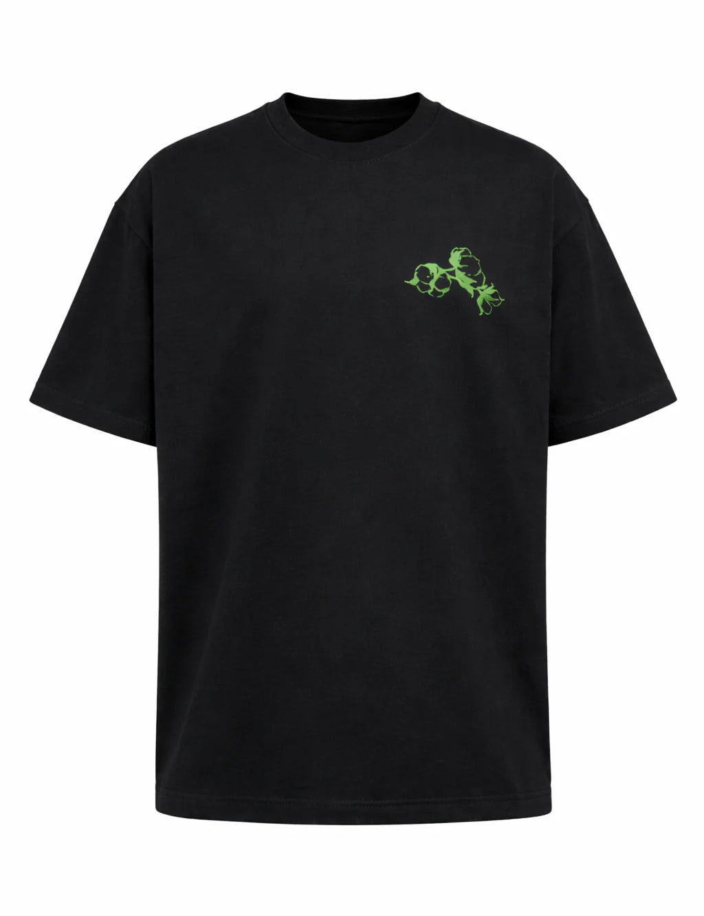 T-shirt oversize noir Coton Clair en coton épais 230g avec illustration florale et logo graphique dos avant et arrière