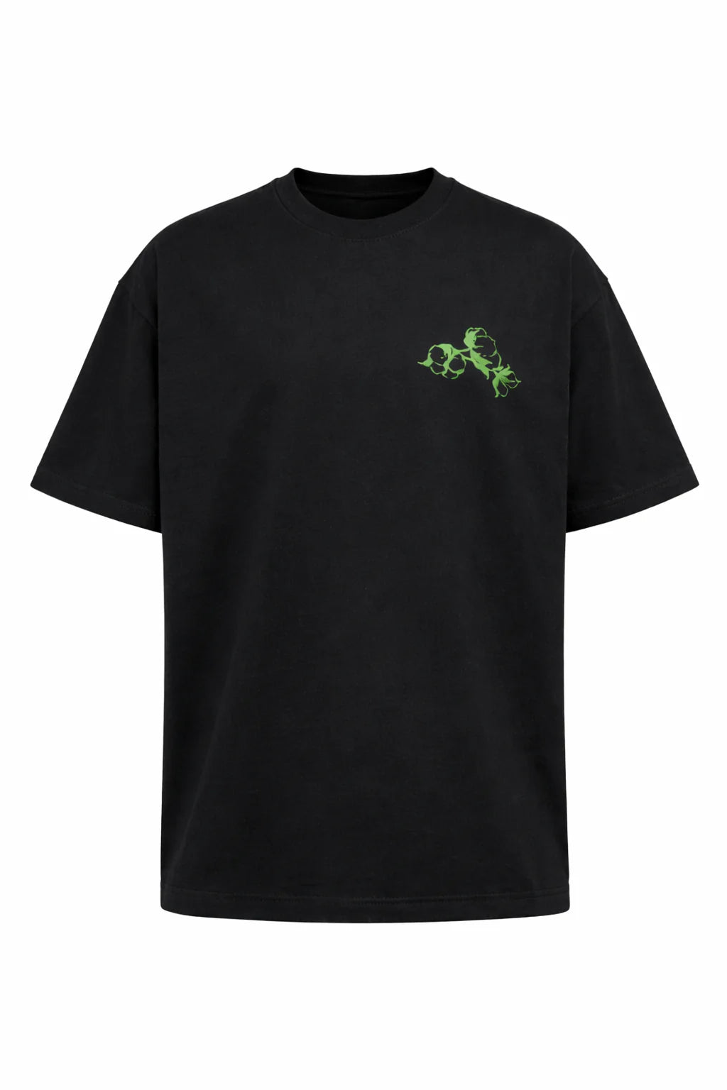 T-shirt oversize noir Coton Clair en coton épais 230g avec illustration florale et logo graphique dos avant et arrière