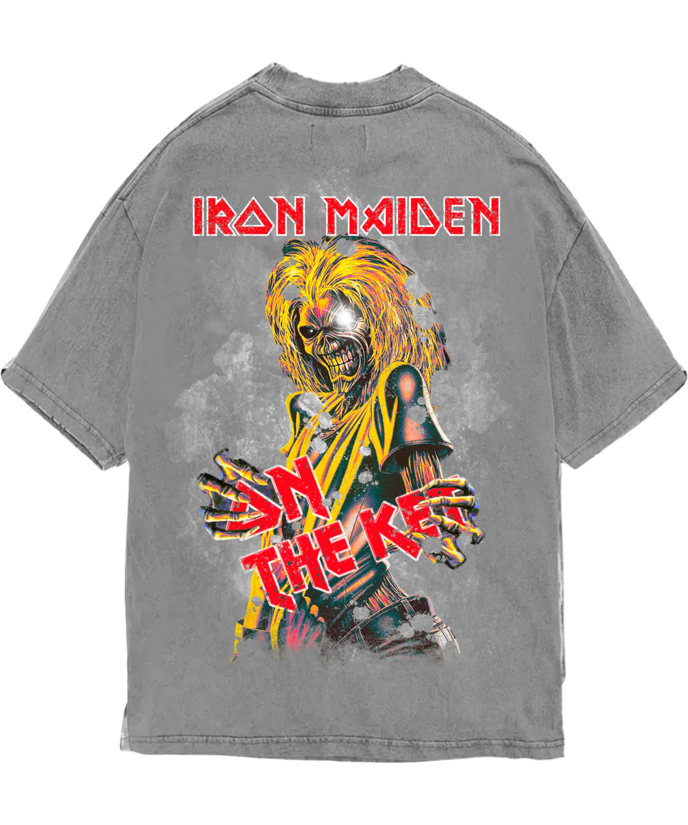 Tee-shirt On The Ket Iron Maiden Killers Gris – t-shirt oversize en coton premium gris délavé avec imprimé vintage inspiré de l’album Killers d’Iron Maiden, vu de dos.