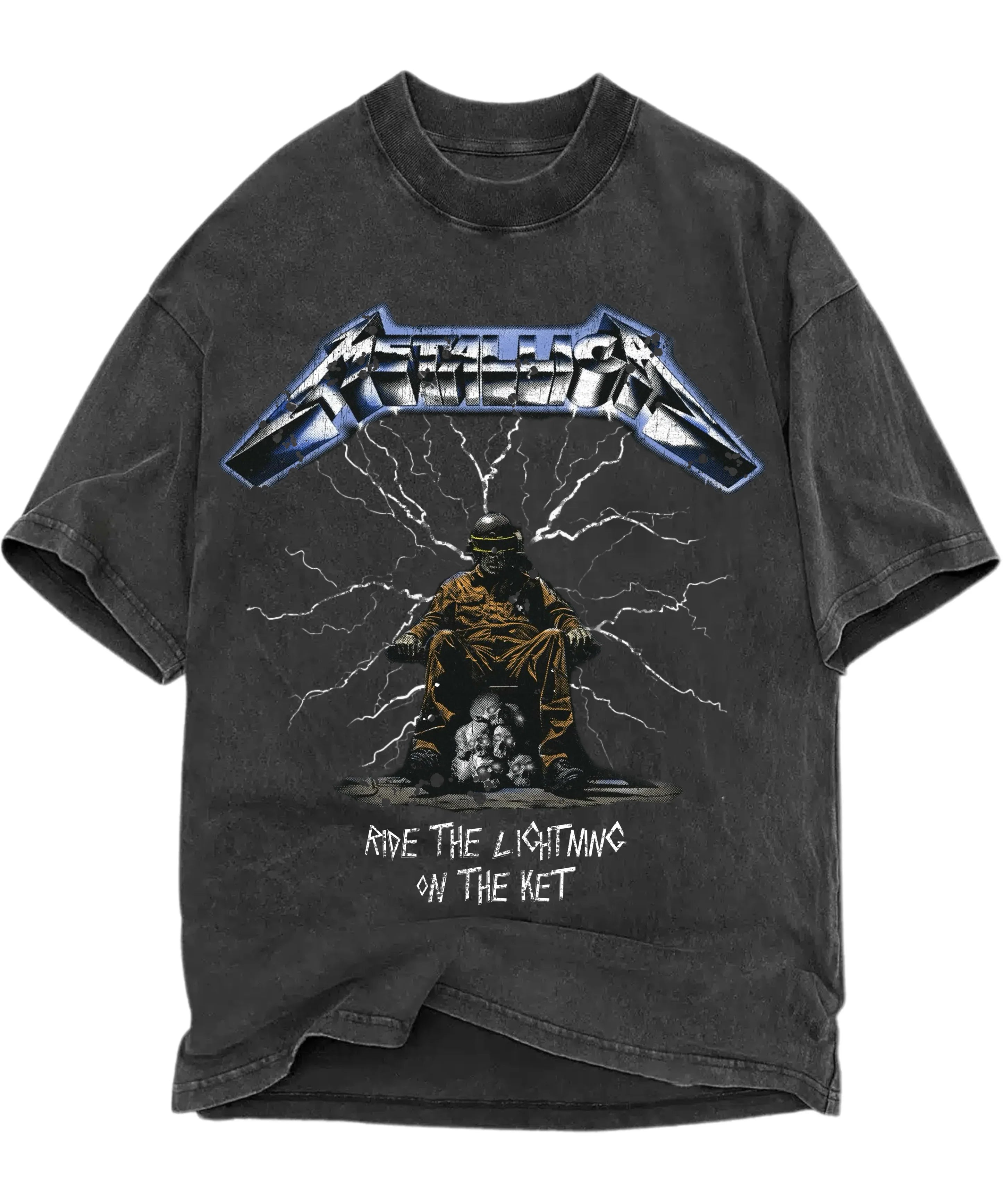Tee-shirt On The Ket Metallica Noir Bleu – t-shirt noir en coton premium avec imprimé Metallica bleu électrique, vu de face