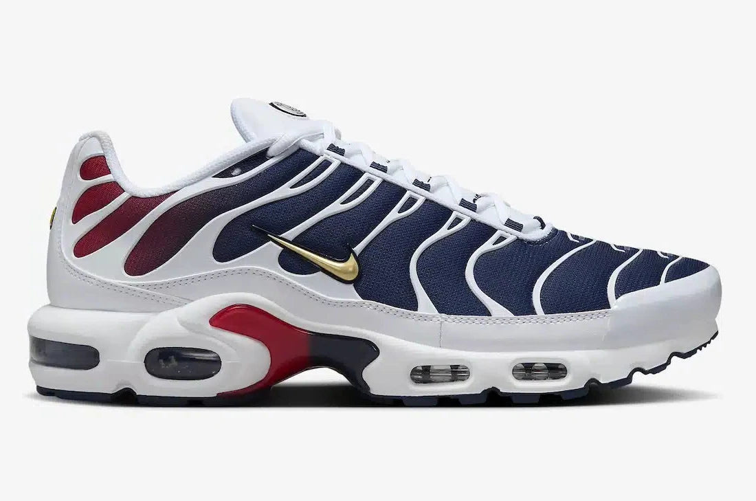 Nike Air Max Plus PSG – sneaker collaboration Paris Saint-Germain noir gris particule anthracite avec accents dorés amorti Tuned Air