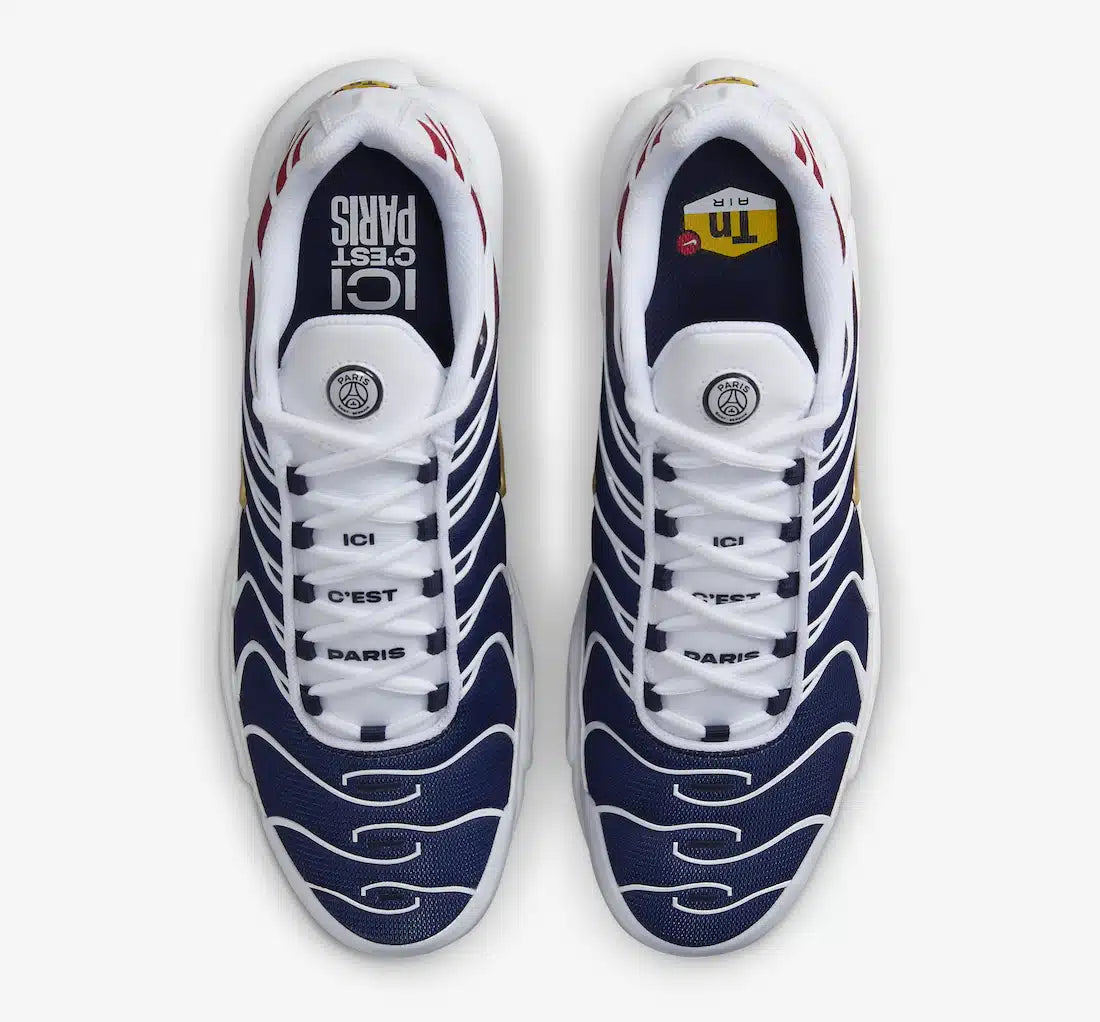 Nike Air Max Plus PSG – sneaker collaboration Paris Saint-Germain noir gris particule anthracite avec accents dorés amorti Tuned Air