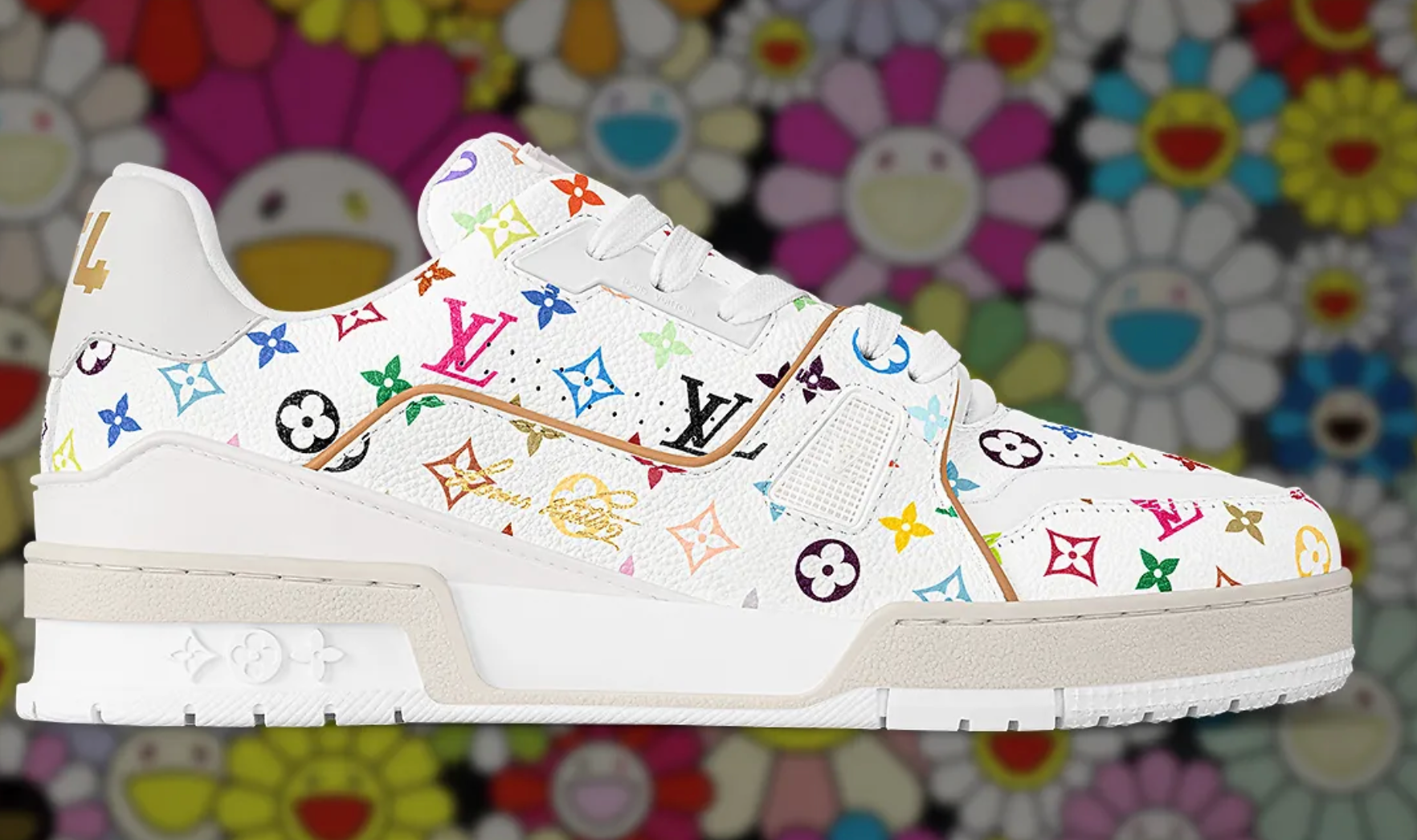 Takashi Murakami’s Louis Vuitton Trainer 54 blanc fleurs multicolors 