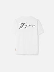 T-shirt Jacquemus en coton BLANC 240g/m² avec logo script blanc, au design minimaliste et premium.
