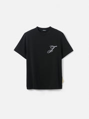 T-shirt Jacquemus en coton noir premium avec logo script blanc, au design minimaliste et élégant.
