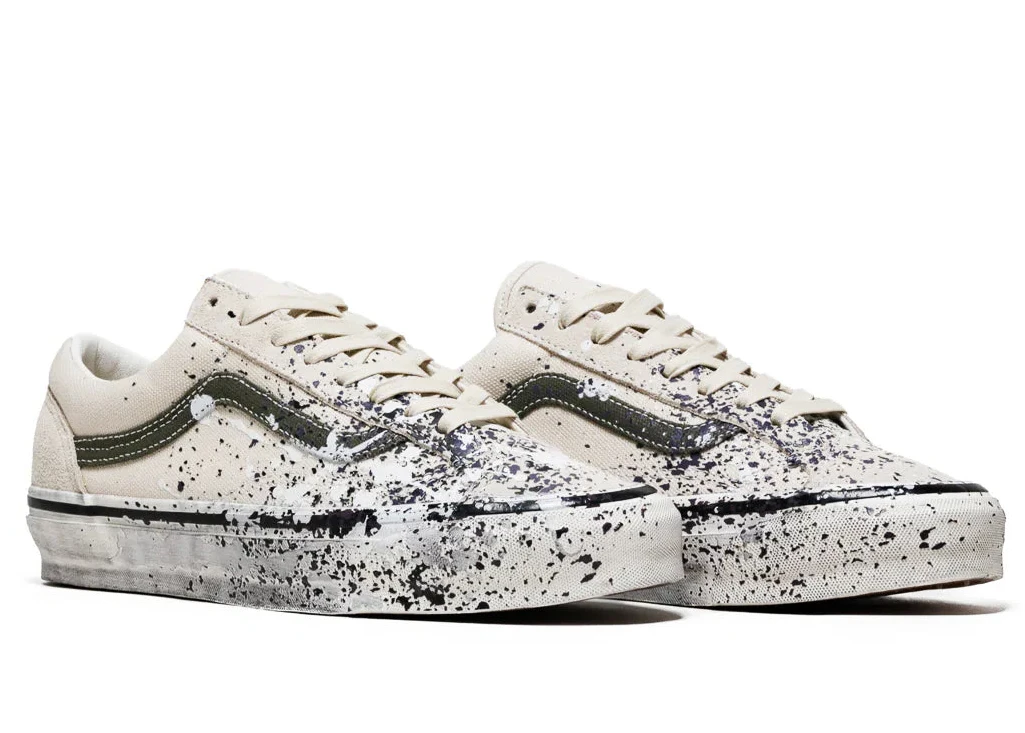 Vans Premium Old Skool 36 Paint Splatter Turtledove beige en suède et toile avec éclaboussures de peinture multicolores et semelle gaufrée classique.