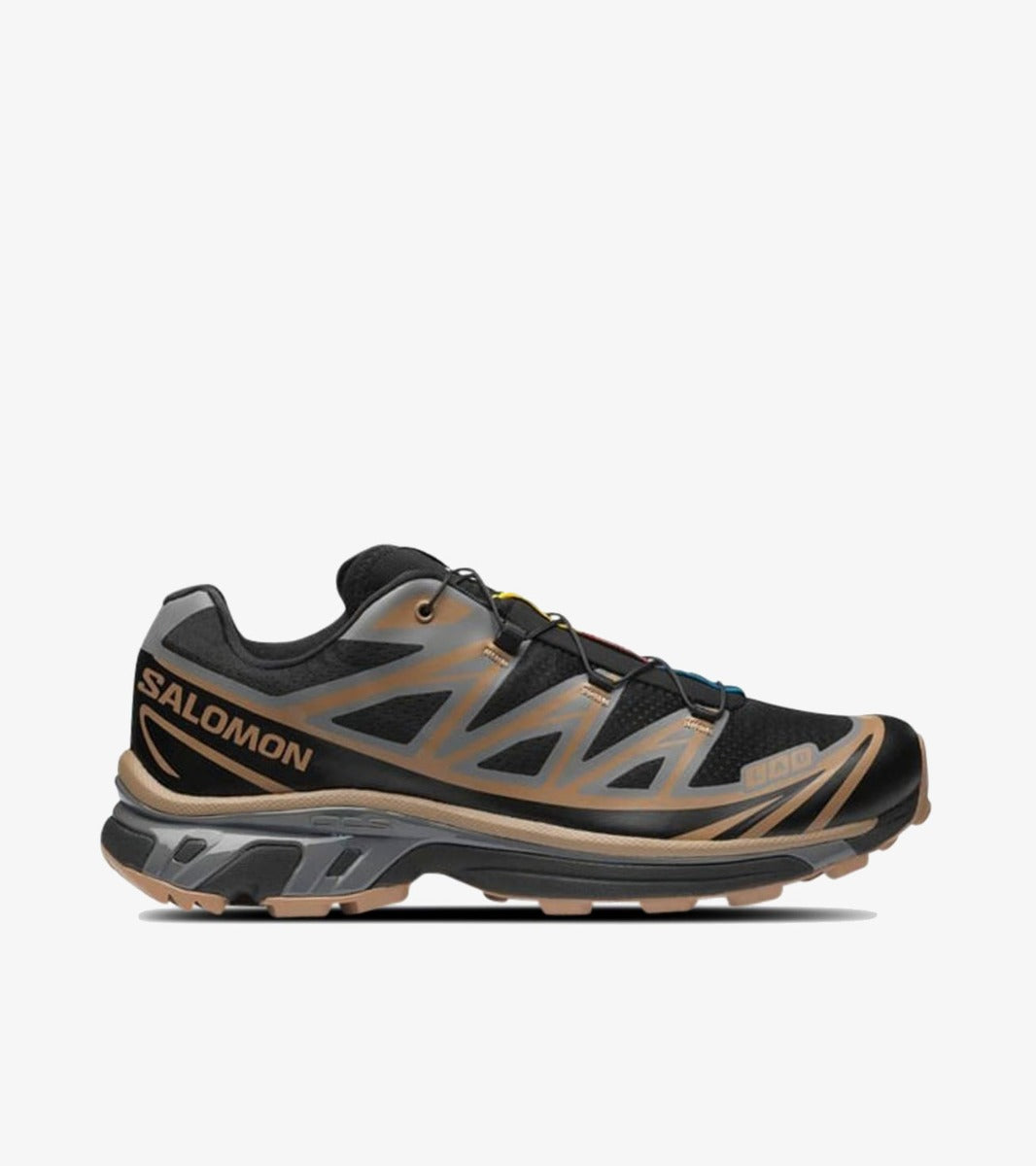 Salomon XT-6 Black Portabella Pewter – sneaker noir et brun terre premium, mesh respirant et semelle Contagrip, vue de porfil