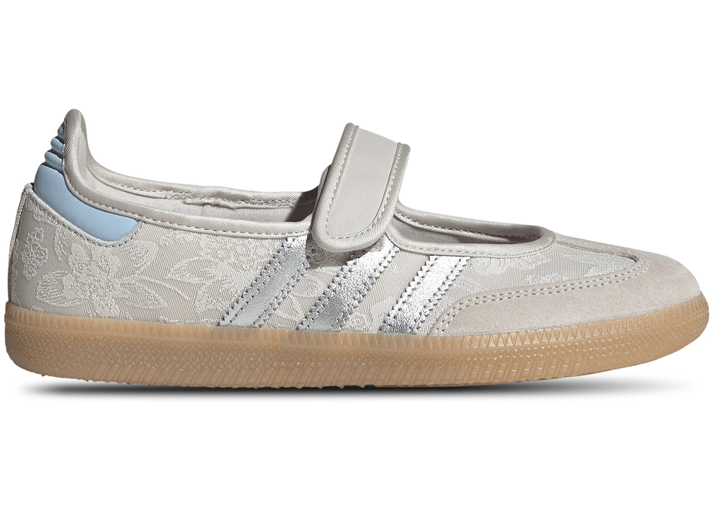 Sneaker adidas Samba Jane Liberty London Chalk Pearl Silver en cuir crème et argent avec détails Liberty et silhouette Mary Jane élégante.