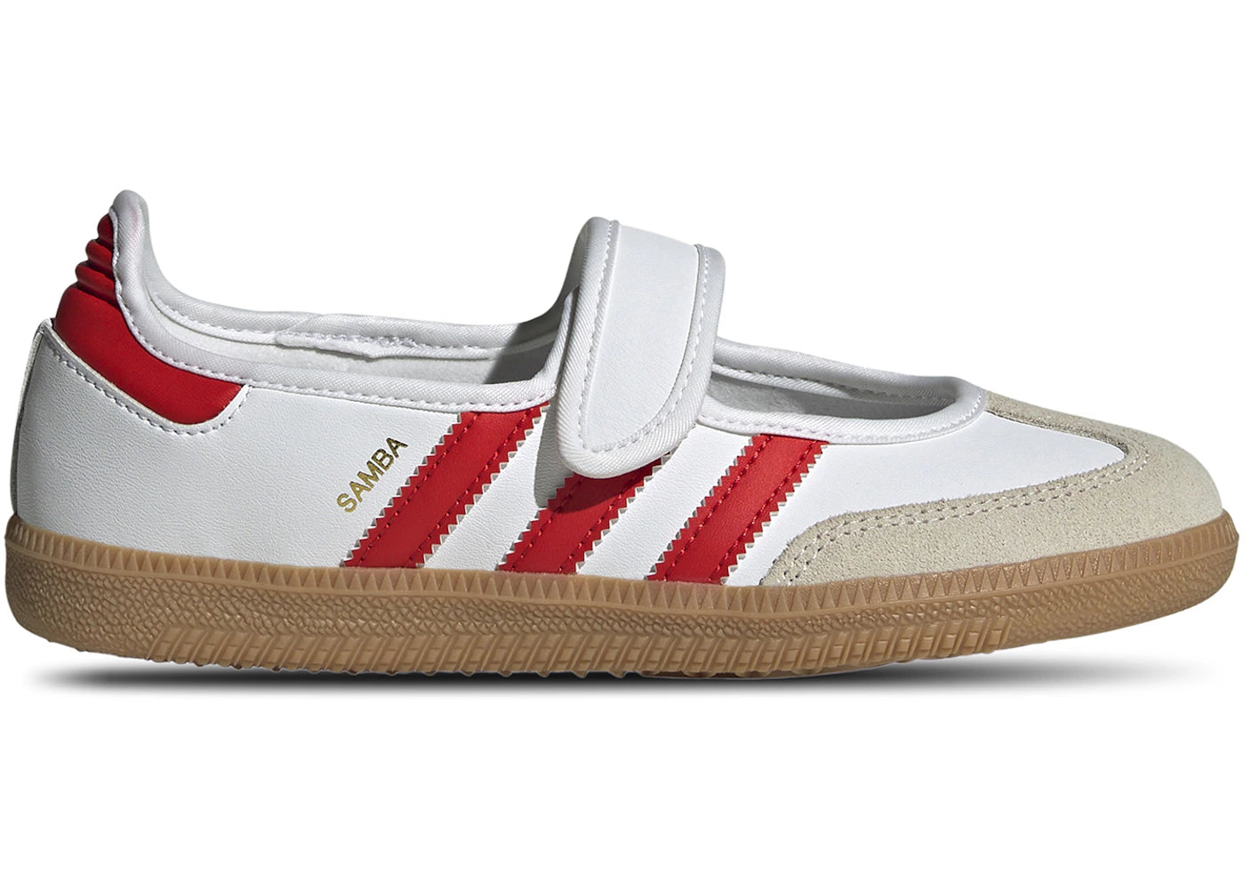 Sneaker adidas Samba Jane White Red Gum en cuir blanc avec bandes rouges, bride Mary Jane et semelle gomme vintage emblématique.vue de profil