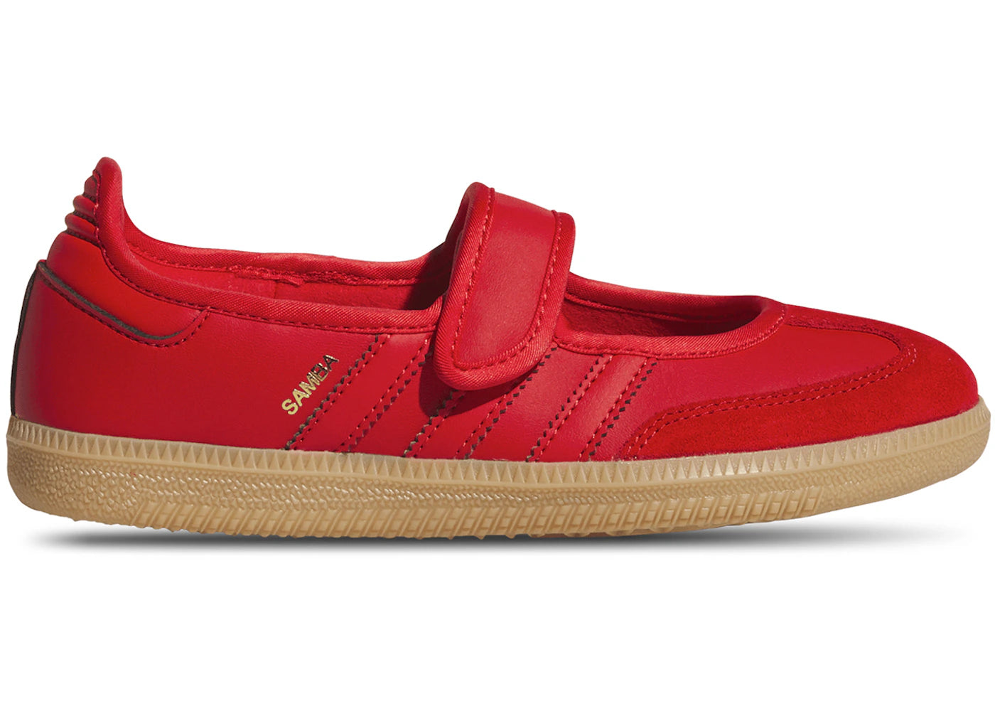 Sneaker Adidas Samba Jane Red Gum en cuir rouge premium avec bride Mary Jane et semelle gomme rétro iconique. vue de profil