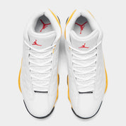 Air Jordan 13 Retro Del Sol 414571-167 en cuir blanc avec accents jaunes Del Sol, détails rouges, noirs et hologramme latéral vert vue du dessus. 
