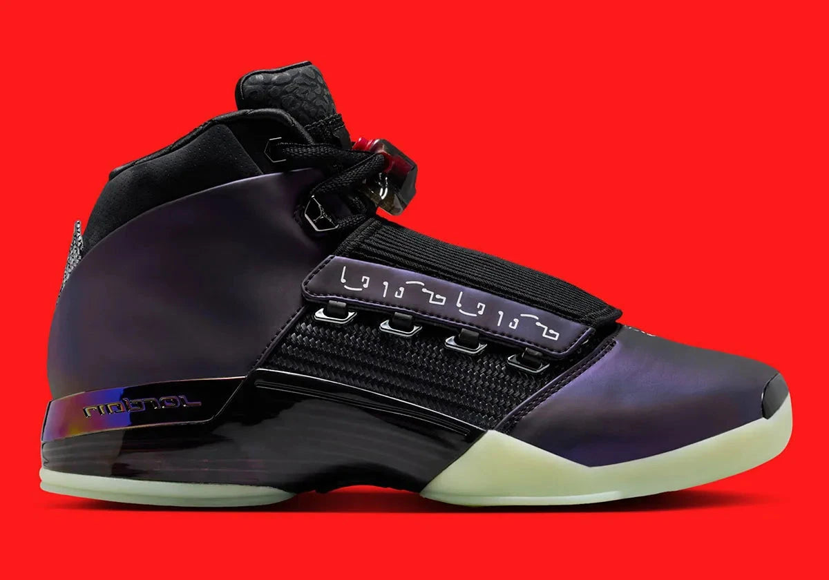 Sneakers Jordan 17 Retro Low Doernbecher Zach Rumbaugh en matériaux premium avec design expressif et finitions haut de gamme Jordan vue de profil. 