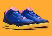 Air Jordan 3 Brazil jaune et verte avec print elephant et semelle Air visible iconique. vue de coté