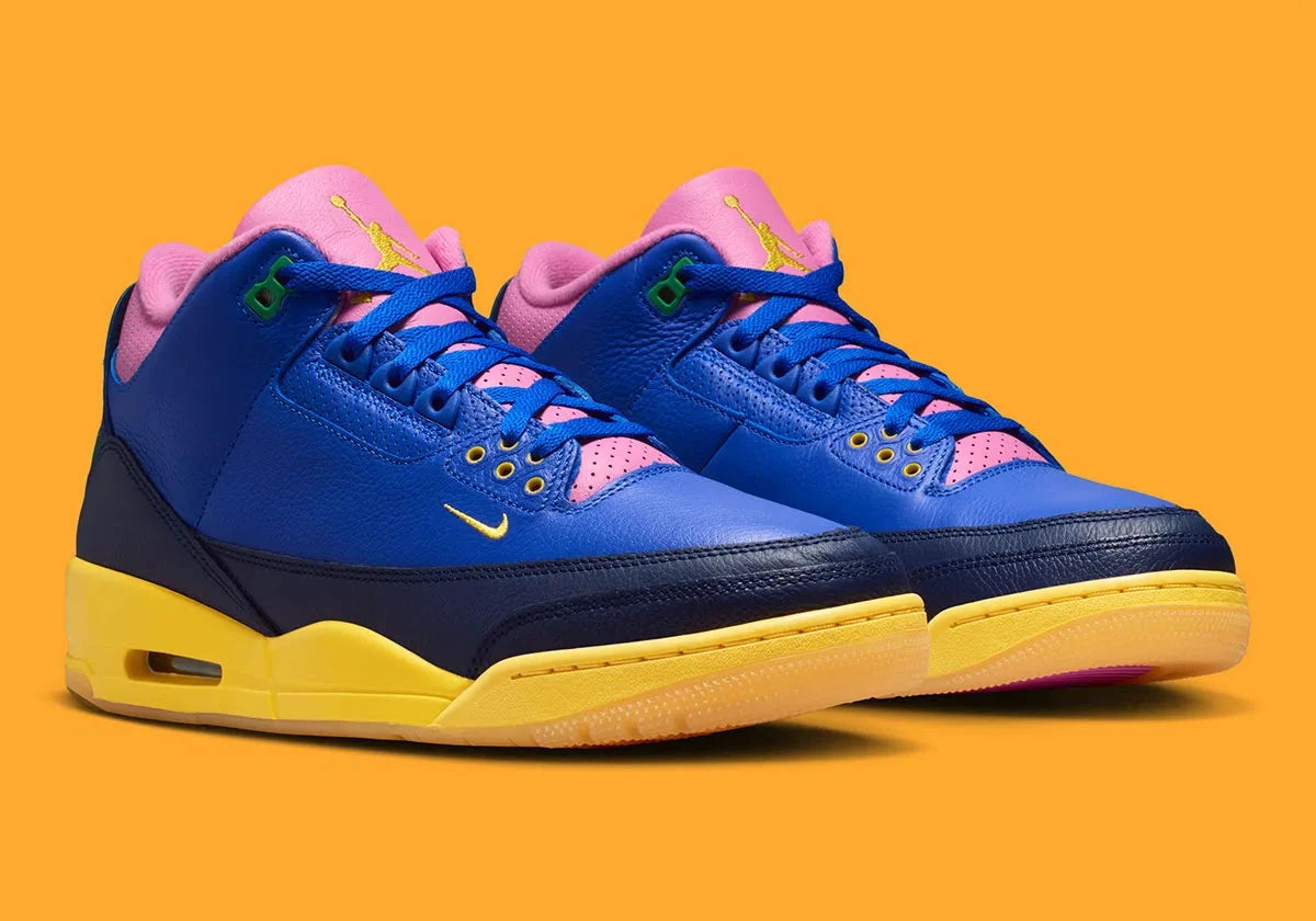 Air Jordan 3 Brazil jaune et verte avec print elephant et semelle Air visible iconique. vue de coté