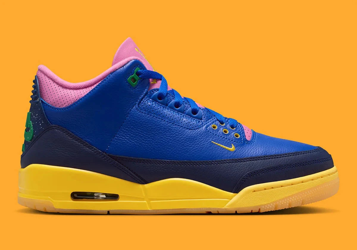 Air Jordan 3 Brazil jaune et verte avec print elephant et semelle Air visible iconique. vue de profil
