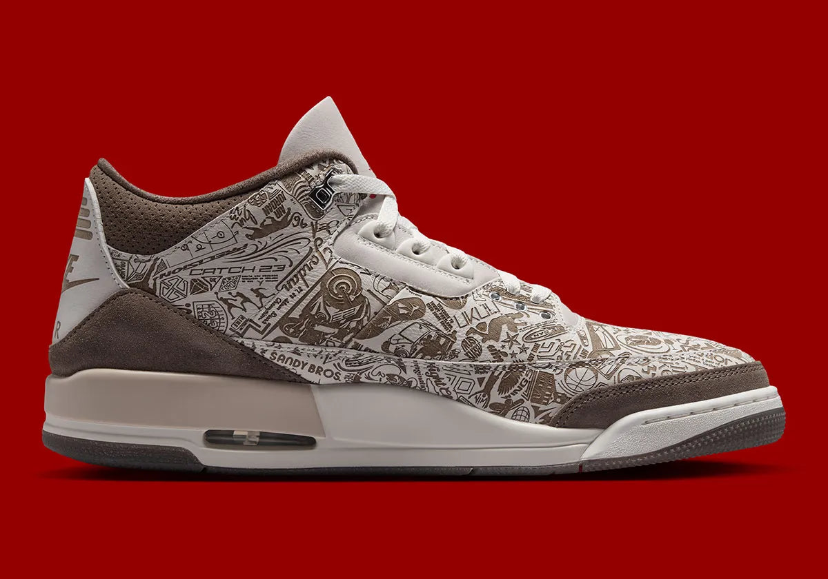 Air Jordan 3 Retro Laser Palomino, sneaker Jordan crème et marron en cuir et daim avec motifs gravés au laser et détails rouges.
