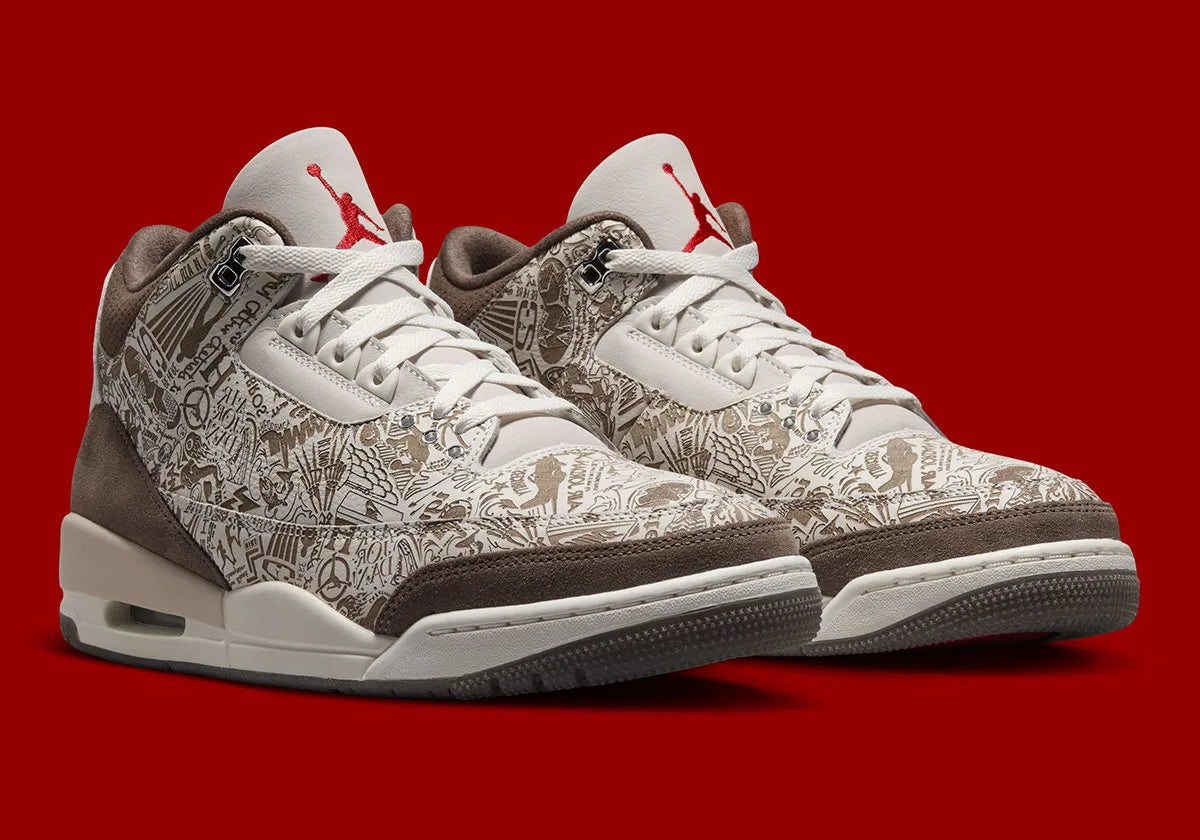Air Jordan 3 Retro Laser Palomino, sneaker Jordan crème et marron en cuir et daim avec motifs gravés au laser et détails rouges.