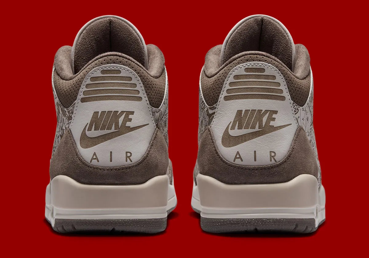 Air Jordan 3 Retro Laser Palomino, sneaker Jordan crème et marron en cuir et daim avec motifs gravés au laser et détails rouges.