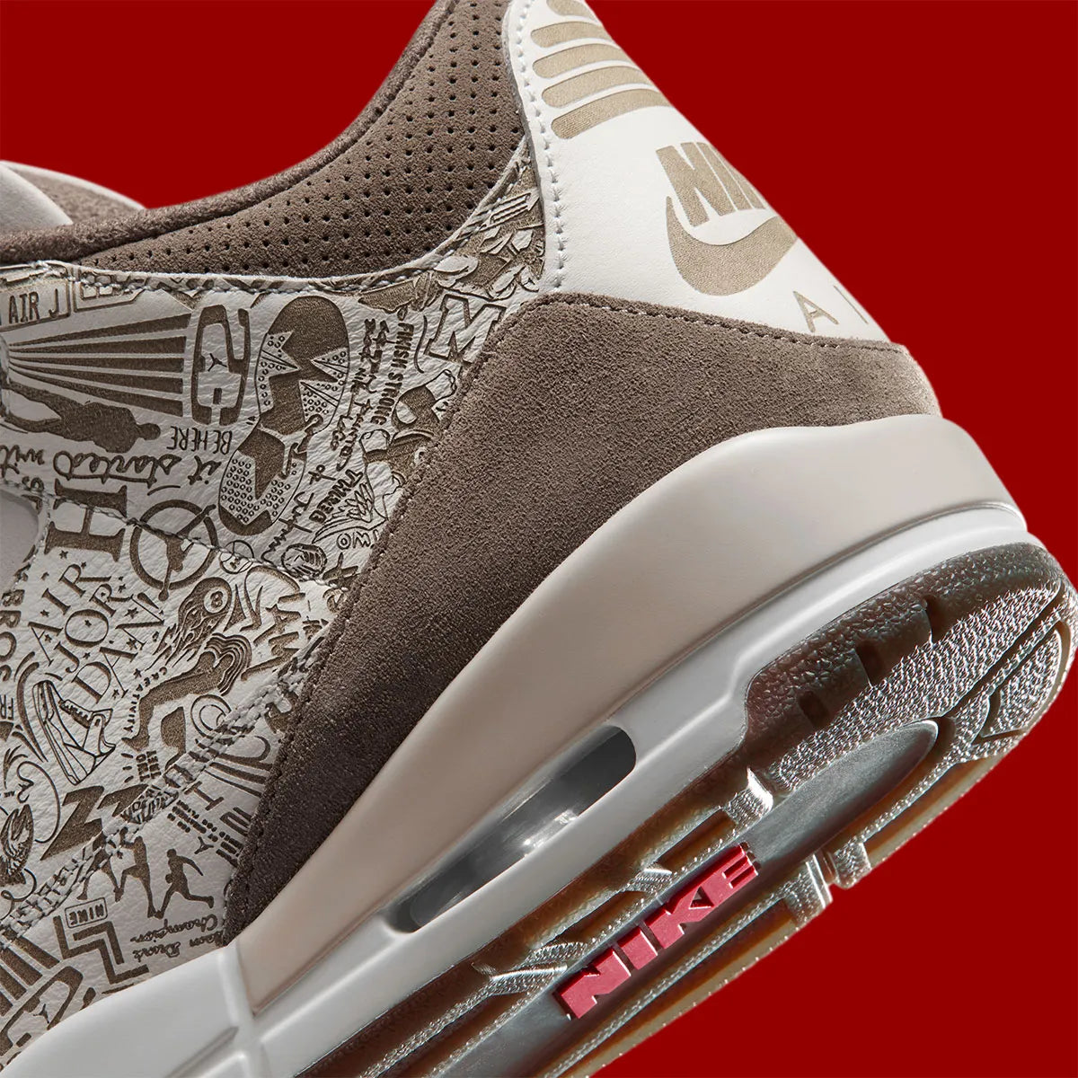 Air Jordan 3 Retro Laser Palomino, sneaker Jordan crème et marron en cuir et daim avec motifs gravés au laser et détails rouges.