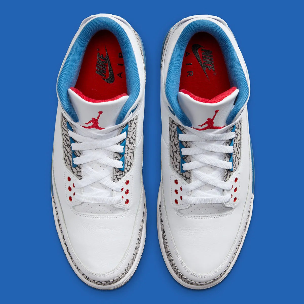 Air Jordan 3 Retro True Blue (2026) en cuir blanc avec empiècements Elephant Print, détails True Blue, logo Nike Air au talon et unité Air visible.