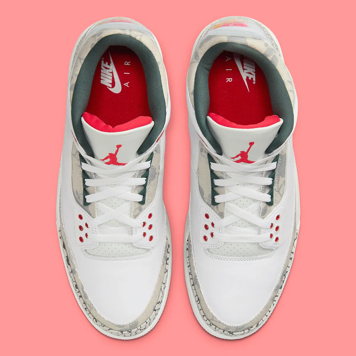 Air Jordan 3 Retro Wings HM6993-100 blanche avec Elephant Print crème, détails Vintage Green et Rose, motif floral et unité Air visible.