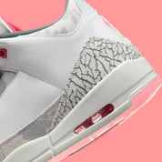 Air Jordan 3 Retro Wings HM6993-100 blanche avec Elephant Print crème, détails Vintage Green et Rose, motif floral et unité Air visible.