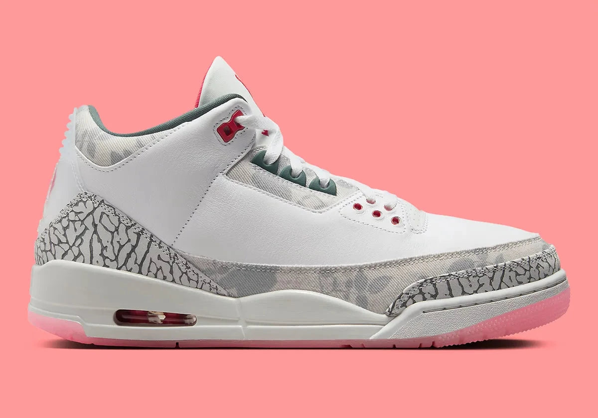 Air Jordan 3 Retro Wings HM6993-100 blanche avec Elephant Print crème, détails Vintage Green et Rose, motif floral et unité Air visible.